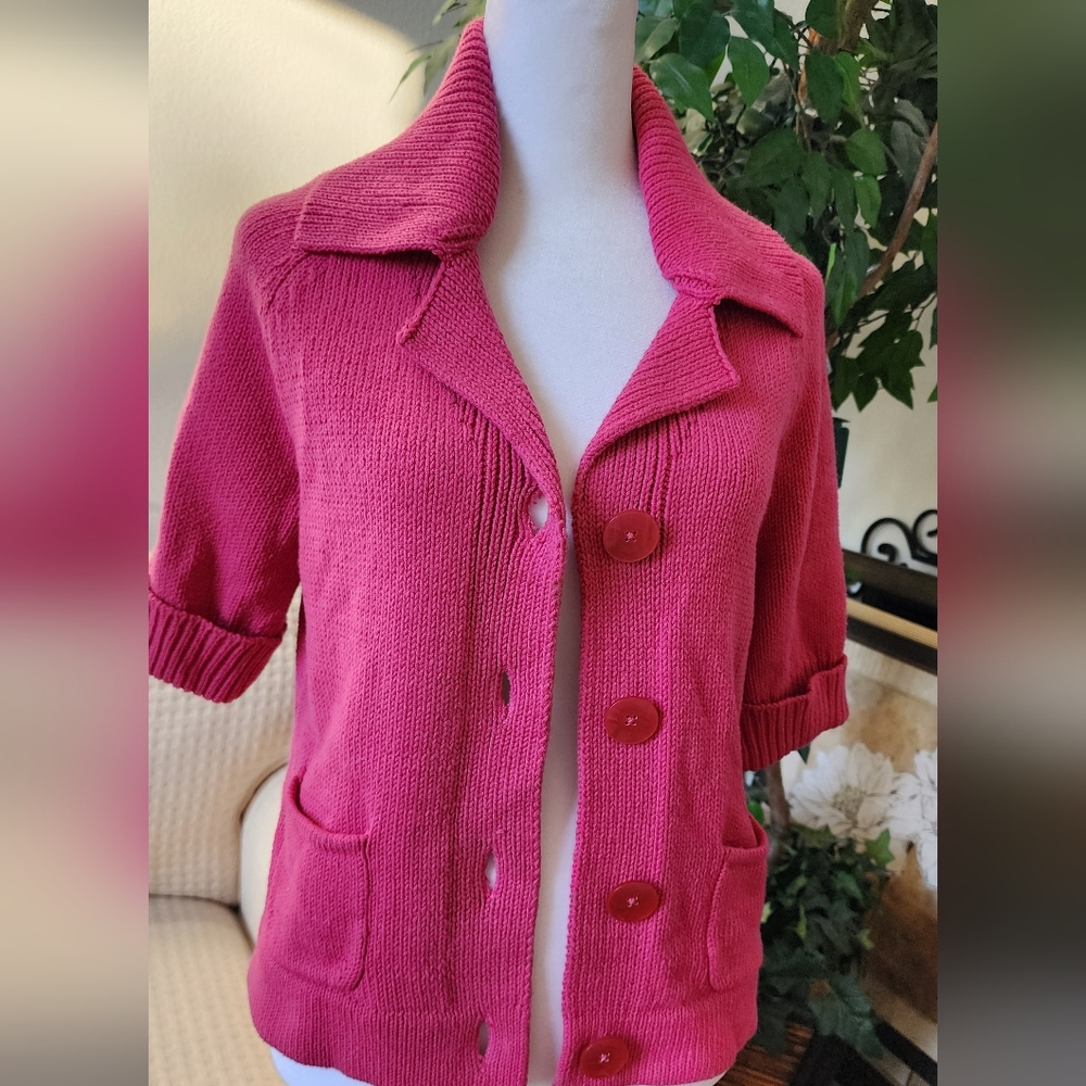 3 for $45 Jones New York Pink Cardigan Sweater w Ribbed Knit and Short Sleeves